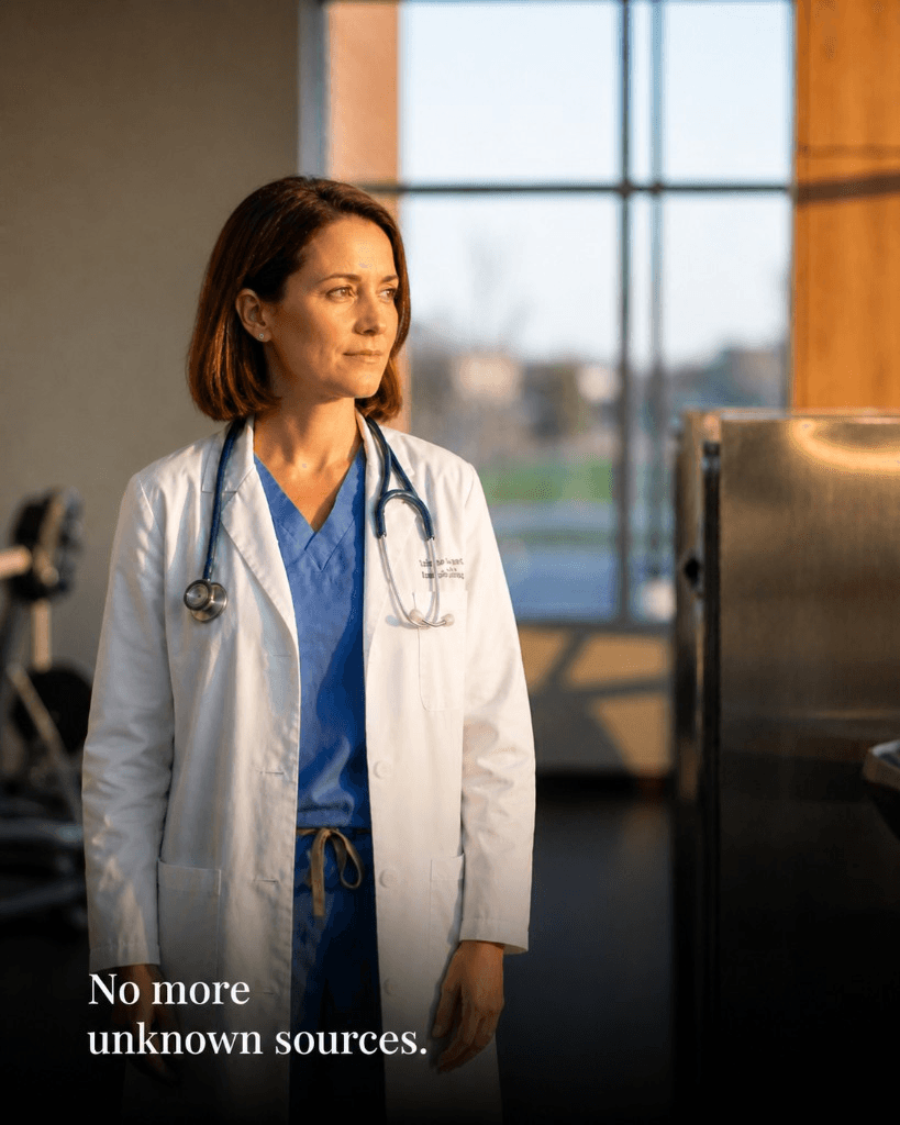 Female doctor wearing a white coat at a hospital